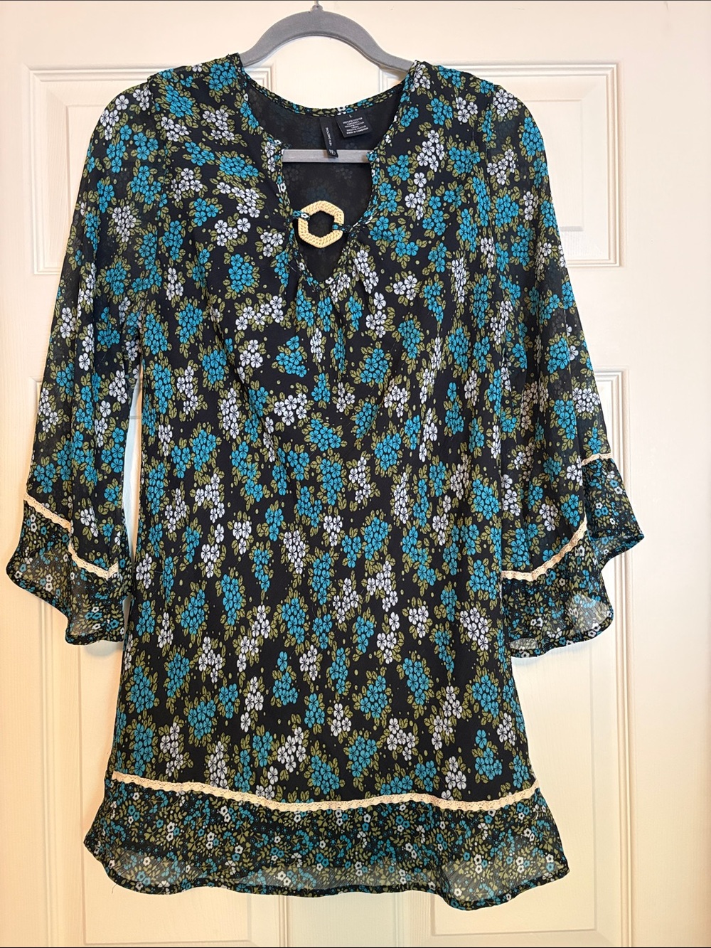 new directions Black Floral Tunic with Teal and Light Blue Flowers